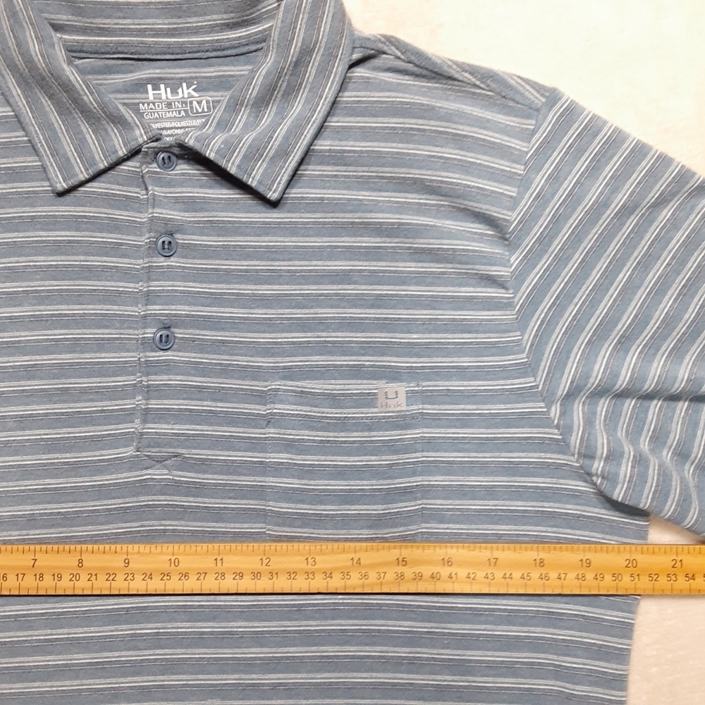 Huk Mens Performance Polo Medium Blue Chest Pocket Striped Rayon Blend - Picture 6 of 9
